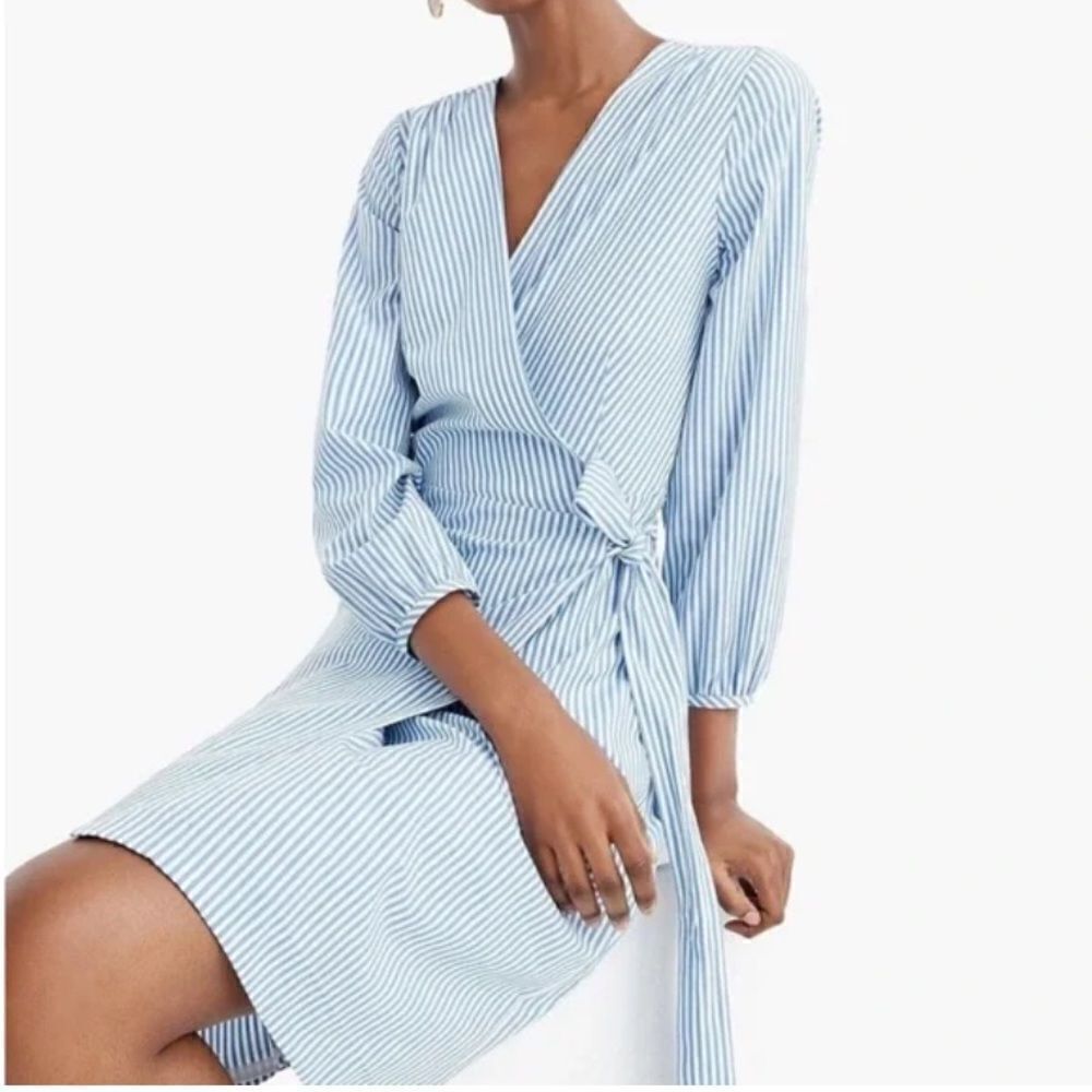 J. Crew Wrap Dress Striped Cotton Poplin Blue & White in Size 6
